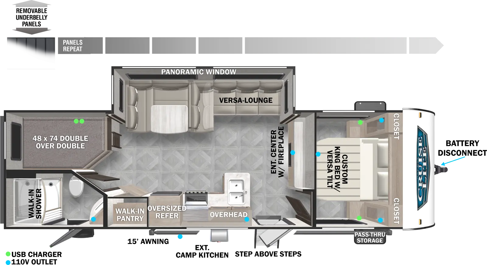 The 263BHXL has one slideout and two entries. Exterior features include a 15 foot awning, exterior camp kitchen, step above front entry steps, front pass-thru storage, battery disconnect, and removable underbelly panels. Interior layout front to back: versa-tilt custom king bed with closets on each side; entertainment center with fireplace along inner wall; off-door side slideout with versa lounge/u-dinette and panoramic window; door side entry, and kitchen with peninsula countertop sink, overhead cabinets, oversized refrigerator, and walk-in pantry; rear off-door side double over double bunks; rear door side full bathroom with walk-in shower and second entry.